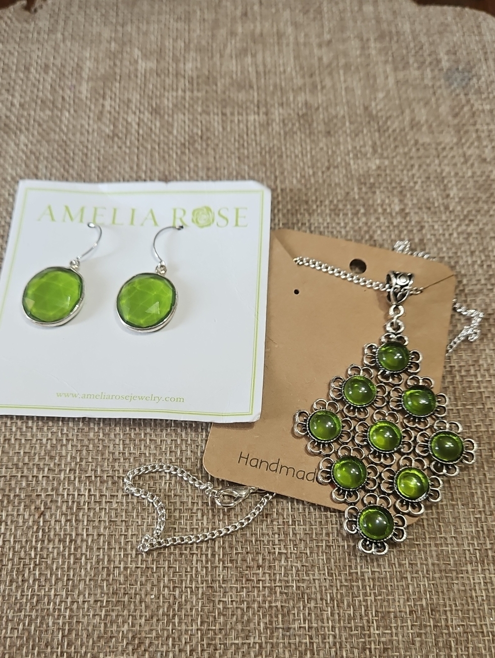 Amelia Rose Green Glass Drop Earrings with Matching Green Pendant Necklace